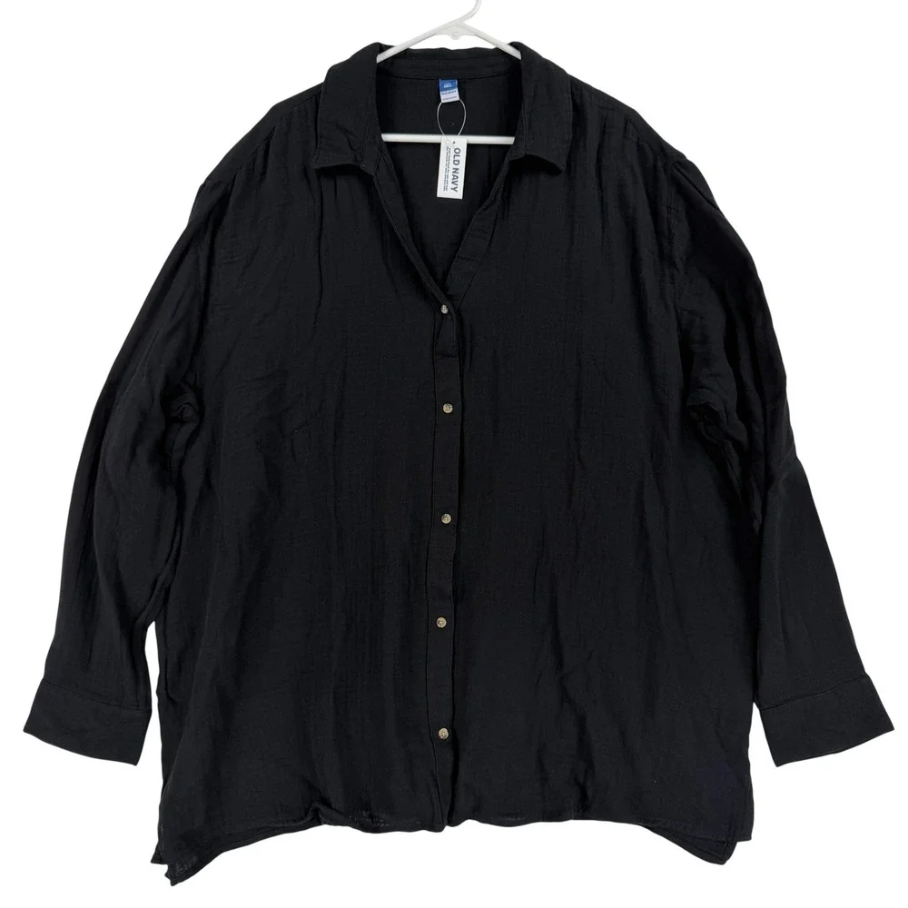 Old Navy Shirt Mens XXL‎ Tall Black Solid Long Sleeve Button Front Casual NWT